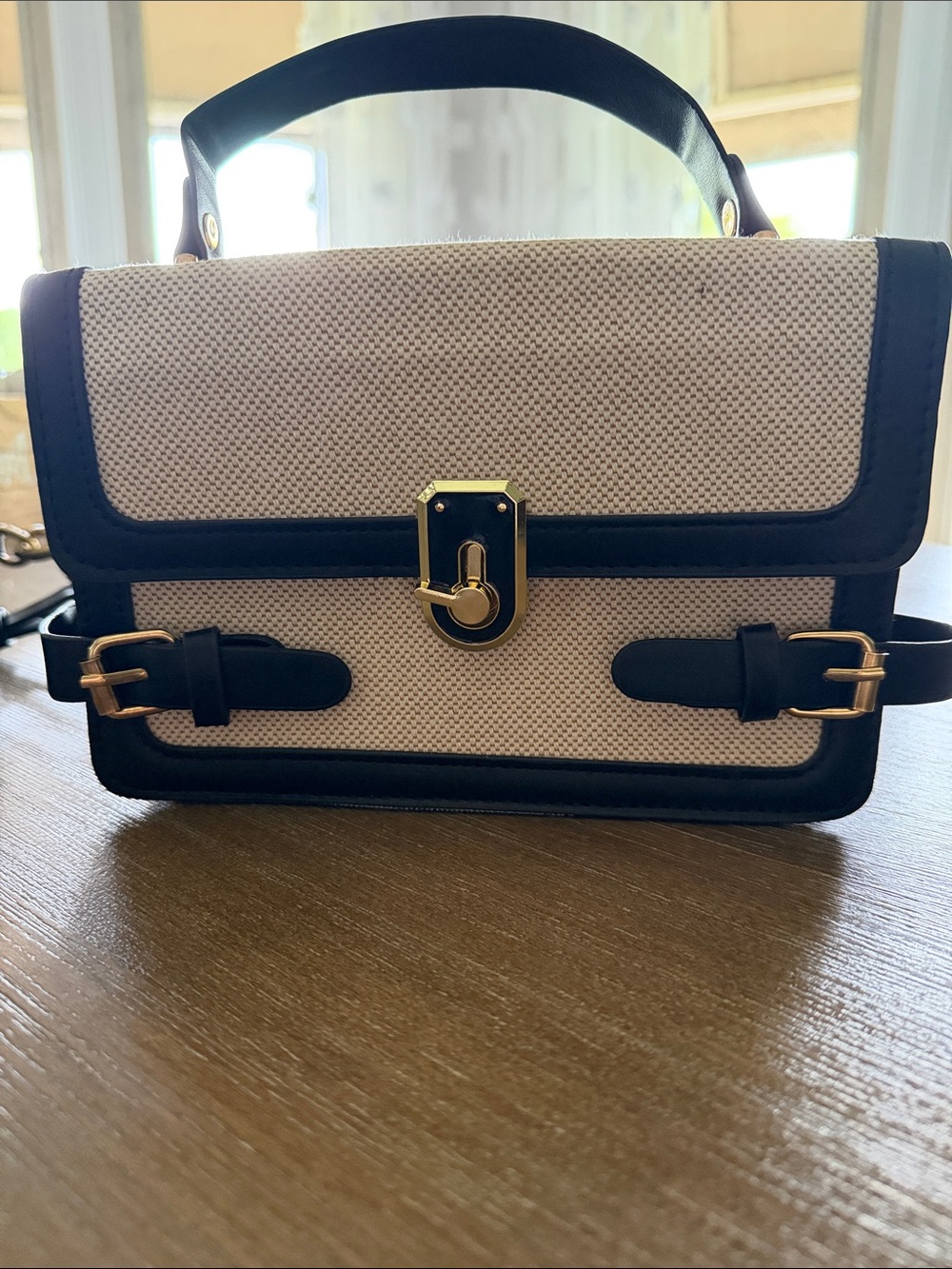 Forever 21 Cream and Black Structured Top-Handle Satchel